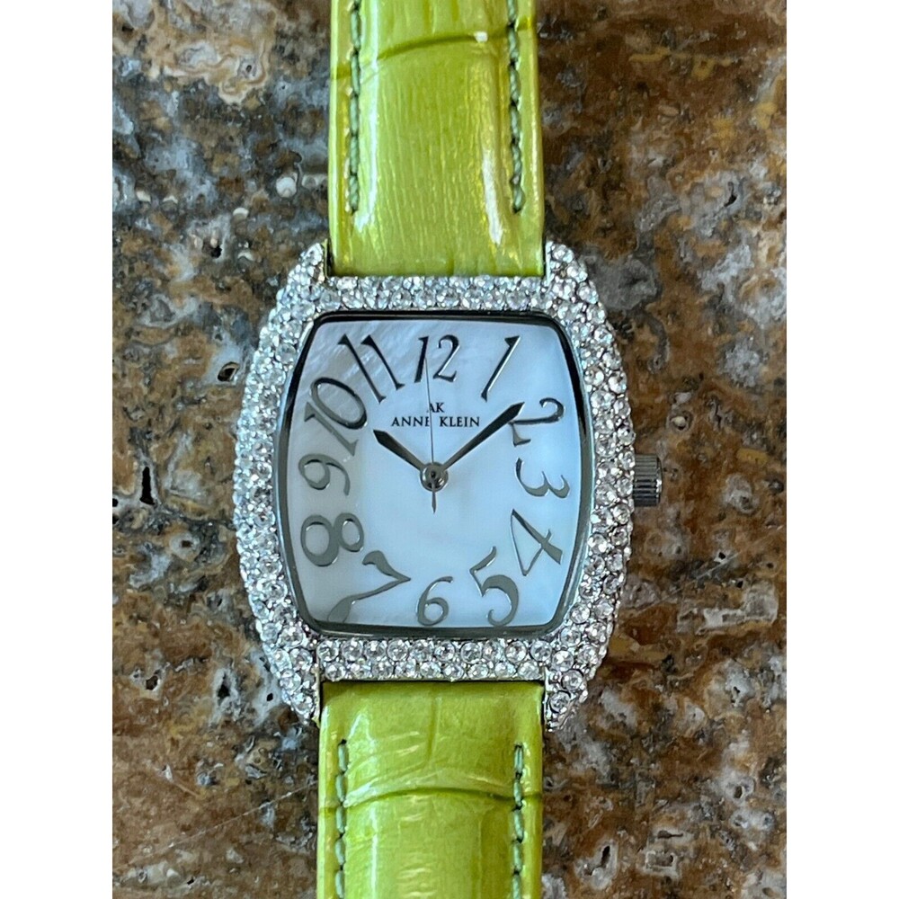 AK Anne Klein Watch  10/7167 Women's Mother-of-Pearl Green Leather Band Vtg